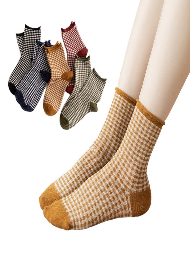 ACGarden Cute Multi Colored Checkered Cotton Crew Socks For Women, Size 5-8, Pack of 5 - Image 1